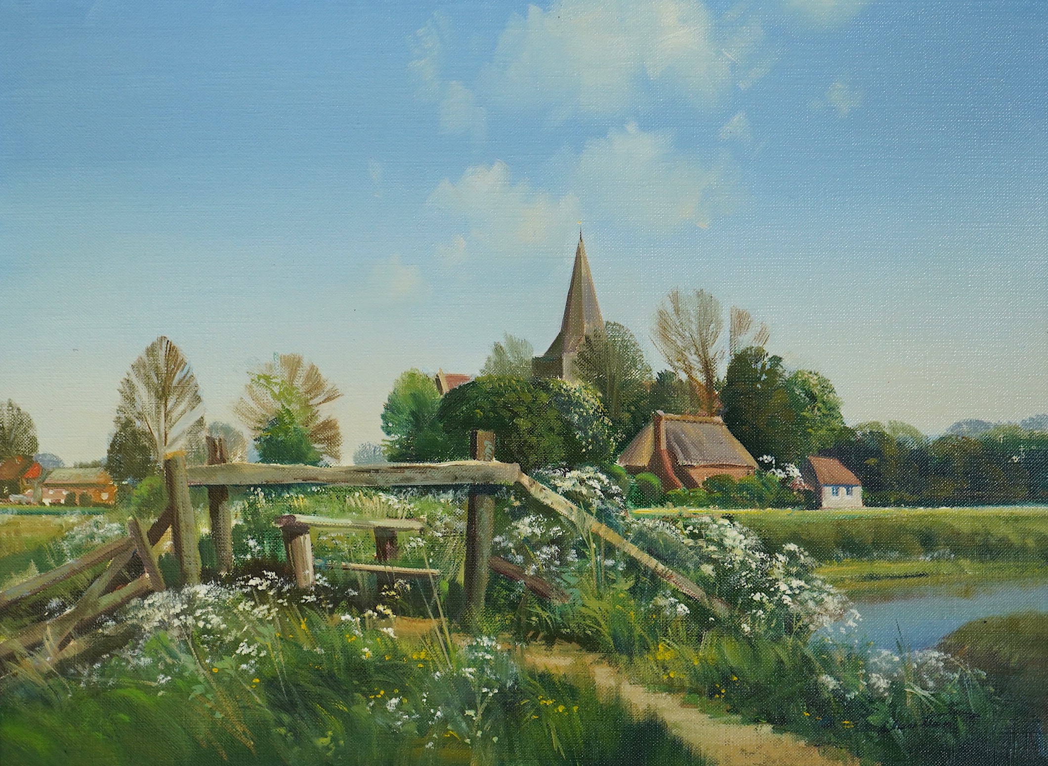 Frank Wootton (English, 1914-1998), Coombe House, Alfriston Church, oil on canvas, 30 x 41cm